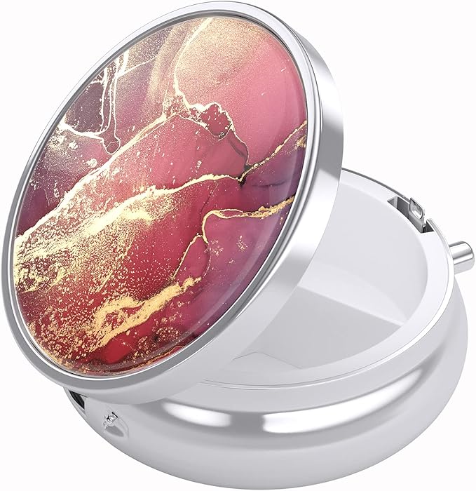 Nipichsha Pill Box, Small Pill Case for Purse & Pocket, Cute Travel Medicine Organizer, Portable Medicine Container Holder to Hold Vitamins, Medication, Fish Oil & Supplements, Red Marble