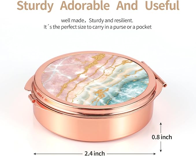 Dynippy Pill Case Pill Box with Mirror Pocket 3 Compartment Medicine Case Vitamin Pill Organizer for Pocket Purse and Travel (Round, Rose Gold-Marble Veins)