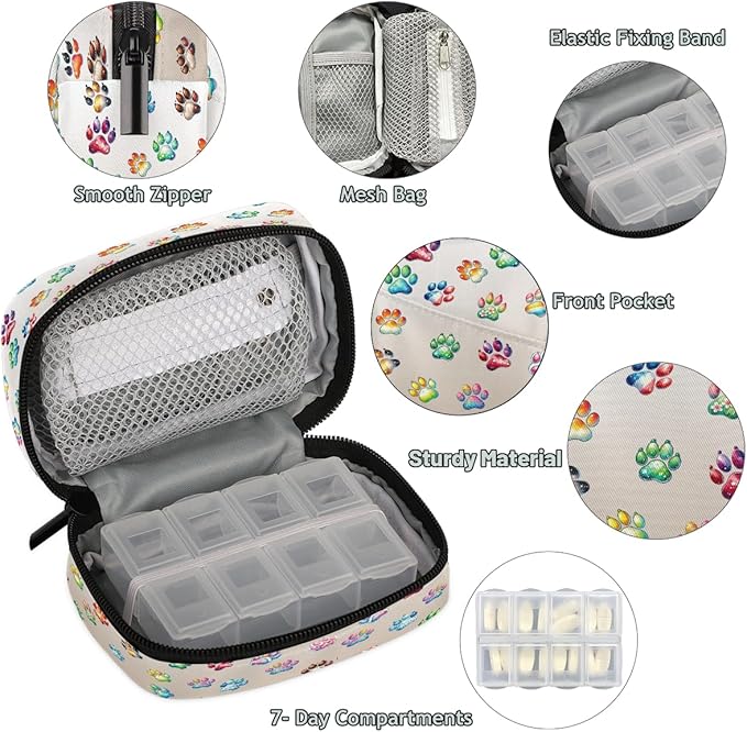 Weekly Travel Pill Organizer Case for Purse with Removable 7 Day Box Portable Compact Size Pill Box Fashionable Pill Container for Medicine Vitamin Supplement Cute Paw Skin