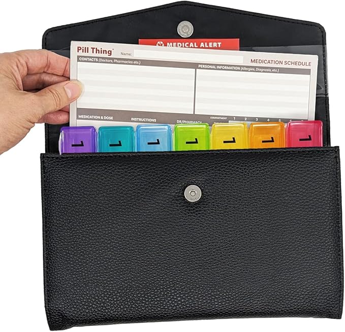 5 Times a Day Weekly Pill Box with Medication Wallet, Easy Secure Magnetic Closure, 5X Pillbox with Medication Schedule and Medical Alert Card (5 Time-a-Day Wallet)