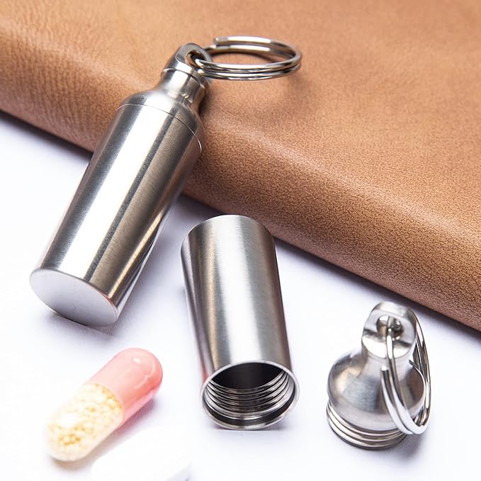 Titanium Keychain Pill Holder Mini Waterproof Pill Container Portable Pocket Pill Case Small Pill Storage Box Organizer for Men Daily Outdoor Camping Travel (A)