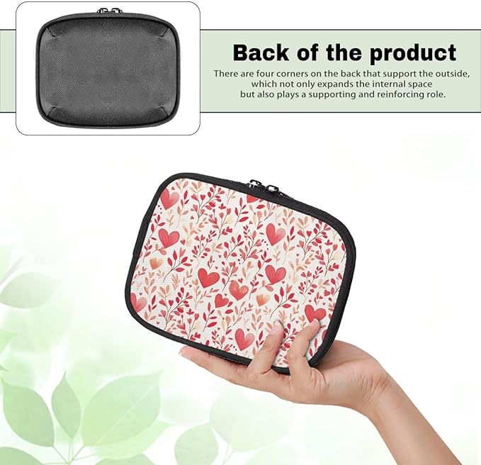 Heart Print Travel Medicine Case Leaves Weekly Pill Organizer Box Washable Small Vitamin Storage Bag Portable Supplement Holder with Zipper