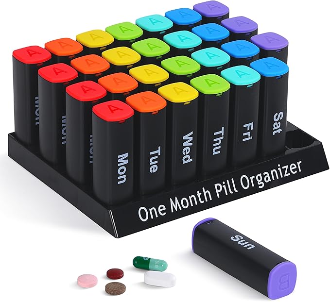 Monthly Pill Organizer 2 Times a Day - 28 Day Pill Box AM PM, Daily Medicine Organizer for Vitamins, Supplements, Medications - Large Travel-Friendly 4 Week Pill Case for Home & Travel, Black