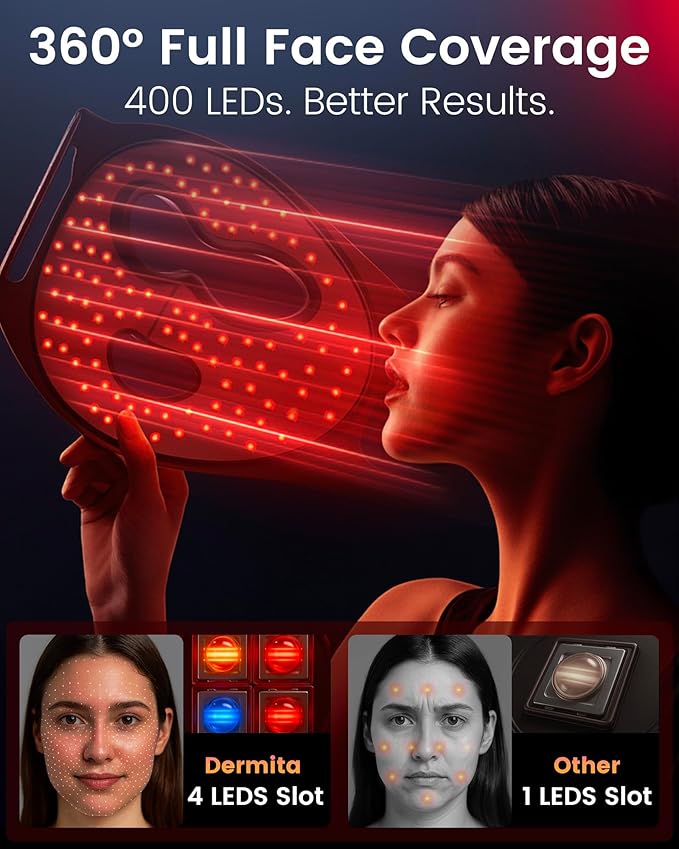Red Light Therapy for Face Wireless with 400 Leds, 360° Led Face Mask Light Therapy with 4 Modes & Near-Infrared, 2000mAh Rechargeable Led Face Mask with Eye Protection for Anti-Aging & Radiant Glow