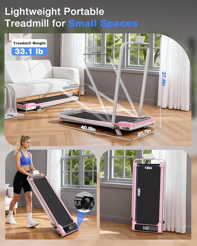 2 in 1 Walking Pad with Handle Bars, 8% Incline Foldable Treadmills for Home Office Ultra Quiet <40dB, 3.5 HP Portable Walking Jogging Running Machine with LED Display & Remote, 320+LB Capacity