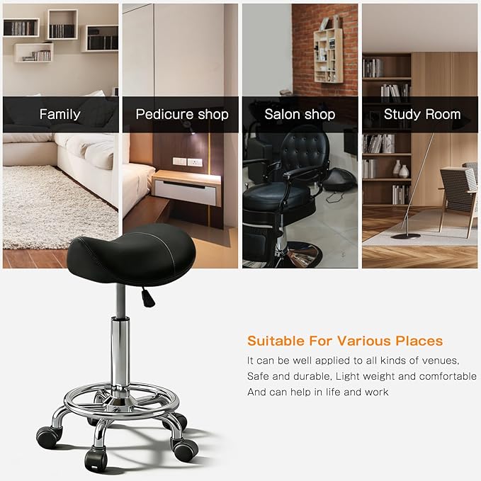 Saddle Stool with Ring Pedal, Adjustable Hydraulic Rolling Chair with Wheels for Medical, Massage, Salon, Spa, Kitchen, and Drafting Use