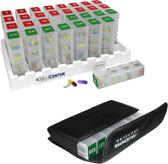 FSA HSA Eligible Monthly & Weekly Pill Organizer Set - 31 Day Pill Box with 4 Daily Compartments & 7 Day Travel Medication Organizer with Portable Nylon Case