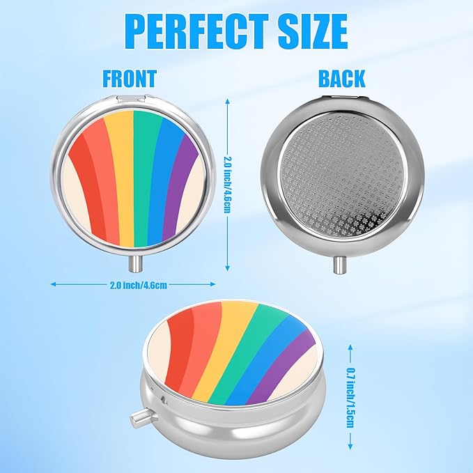 LGBTQ Colroful Rainbow Pill Case, Pill Box 3 Compartments Metal Small Pill Holder with Mirror Mini Travel Pill Container for Purse Pocket Women Men