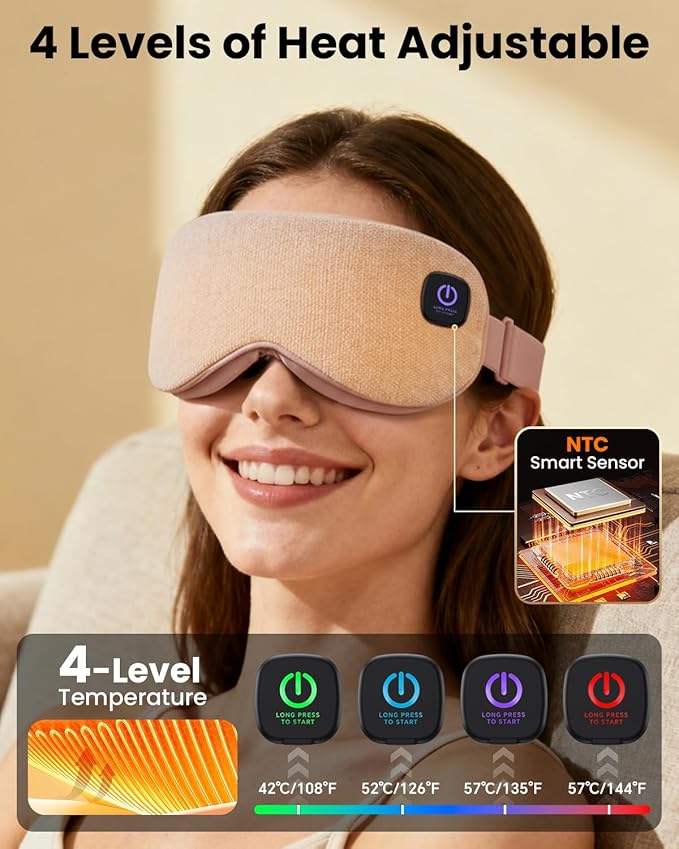 Heated Eye Mask - Cordless Eye Mask for Dry Eyes, Eye Relief, Improved Sleep, 4 Temperature, Washable Eye Heating Pad for Travel and with Replaceable Shell, Gifts for Women