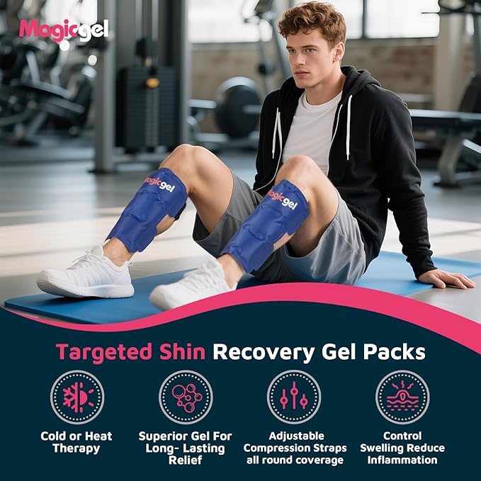 Magic Gel Shin Splint Relief - 2pcs Ice Packs for Shin Splints Hot & Cold - Flexible Leg Compression Wrap - Reusable Therapy Gel for Runners & Athletes