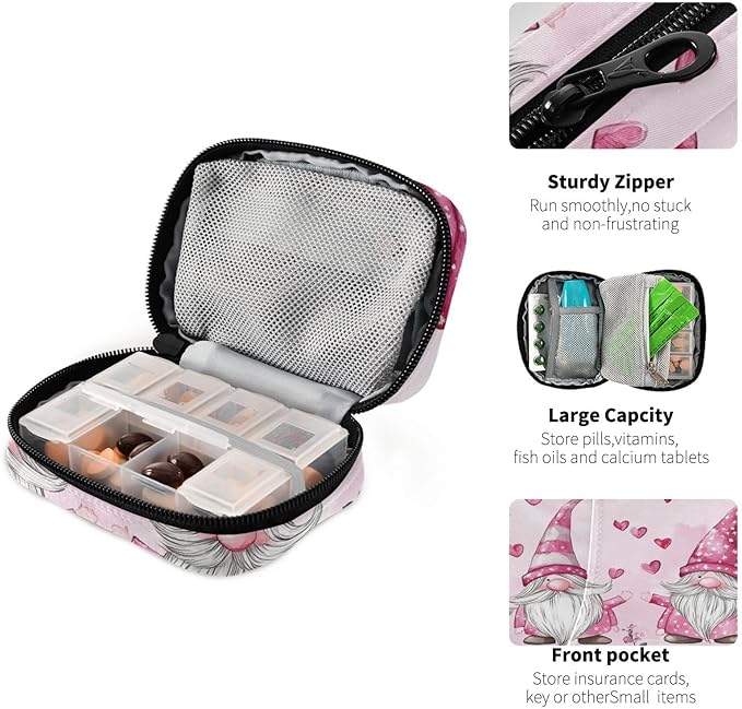 Travel Pill Case Gnomes with Roses Flowers Weekly Small Pill Box 7 Day Pill Box Pill Organizer Bag
