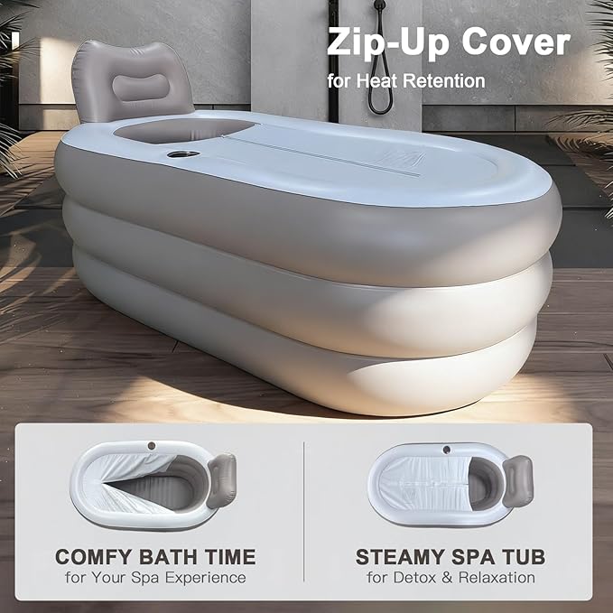 B&Y Portable Adult Soaking Bathtub, Ice Bath Tub Family Home Spa Tub with Zipper Cover, Designed with Headrest, Cup Holder (Air Pump Included) (Oval-145x80x45cm (without Machine))