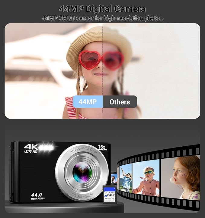 Digital Camera 4K, Autofocus Digital Compact Digital Camera,16X Digital Zoom Upgraded Travel Camera with 64GB SD Card,2 Batteries,Small Camera for Teens Kids Boys Girls,Black