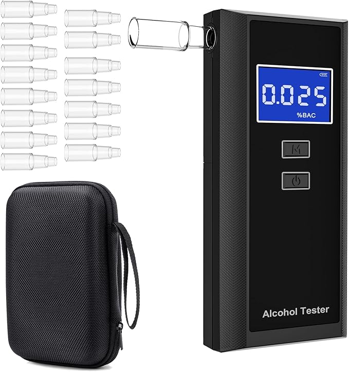 Breathalyzer with 15 Mouthpieces & Carrying Bag - Portable Breathalyzers for Alcohol Tester Digital LCD Display Fast BAC Estimate Audio Alarm, 50 Record for Personal Screening Home Party Use