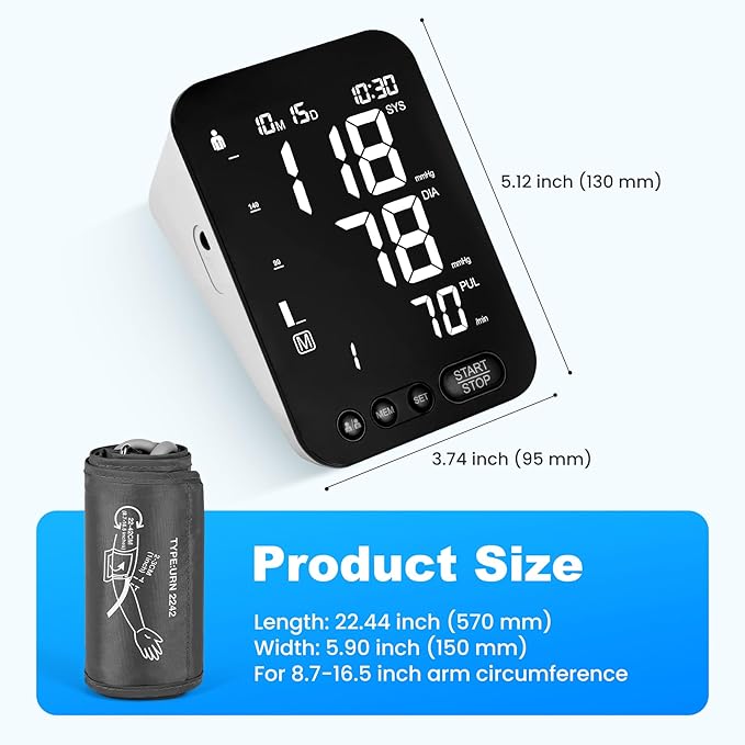 Blood Pressure Monitor Upper Arm BP Machine for Home Use Accurate Large Adjustable 8.7"-16.5" Cuff LCD Backlit Display with Carrying Bag, Black