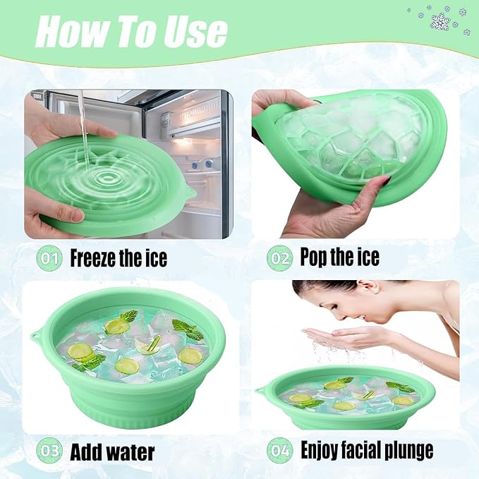 Face Ice Bath Bowl Mold With Built-In Icetray, Portable Foldable Silicone Dipping Water Facial Cold Immersion Therapy Plunge Bowl for Face Ice Bath Holder for Home And Travel (Green)