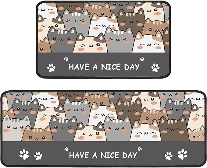 Cat Kitchen Rugs 2 Piece Set for Floor Mat, Non Skid Washable Absorbent Microfiber Cat Kitchen Mat for in Front of Sink for Standing for Home Cats Kitchen Decor 17"X30"+17"X47"
