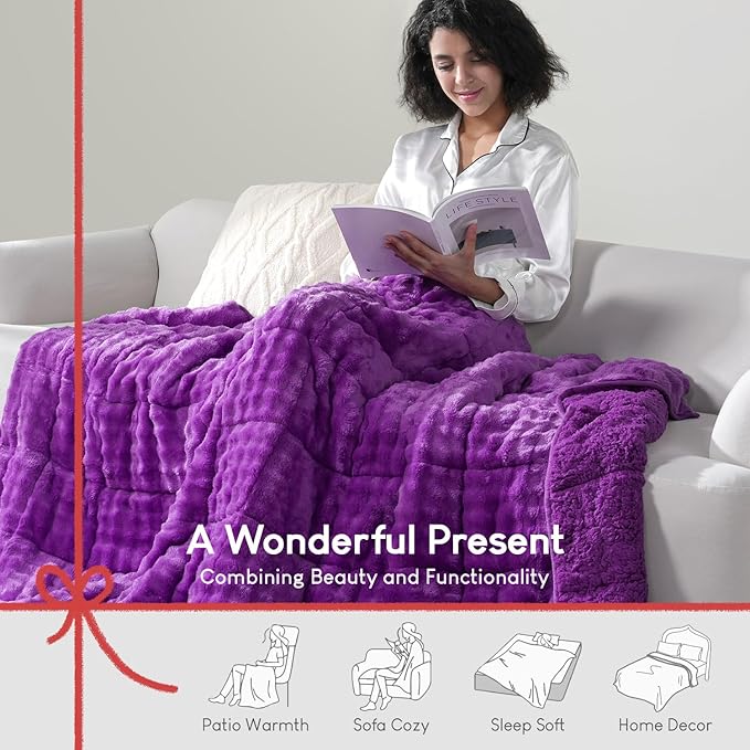 Cottonblue Weighted Blanket 15lbs Bubble Fleece Plush Sherpa Heavy Weighted Blankets for Adults, Fits Queen Size Bed, Cute Fuzzy Warm Heavy Blanket for Calm and Better Sleep, 60"x80", Purple