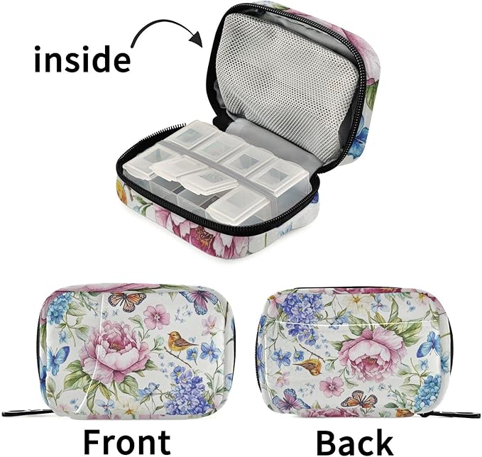 Travel Pill Case Flowers and Birds Weekly Small Pill Box 7 Day Pill Box Pill Organizer Bag