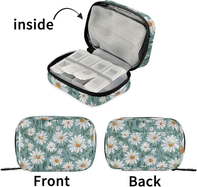 Fustylead Beautiful Daisy Flowers and Leaves Pill Organizer for Purse, Weekly Portable Pill Box with Zipper to Storage Vitamins Fish Oils Medications Supplements