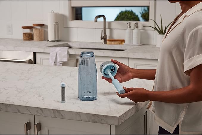 Contigo Wells Plastic Filter Water Bottle with Leak-Proof Straw Lid, Reusable 32oz Water Bottle with Carbon Fiber Filter for Travel, Everyday Use and Gifting, Dark Ice