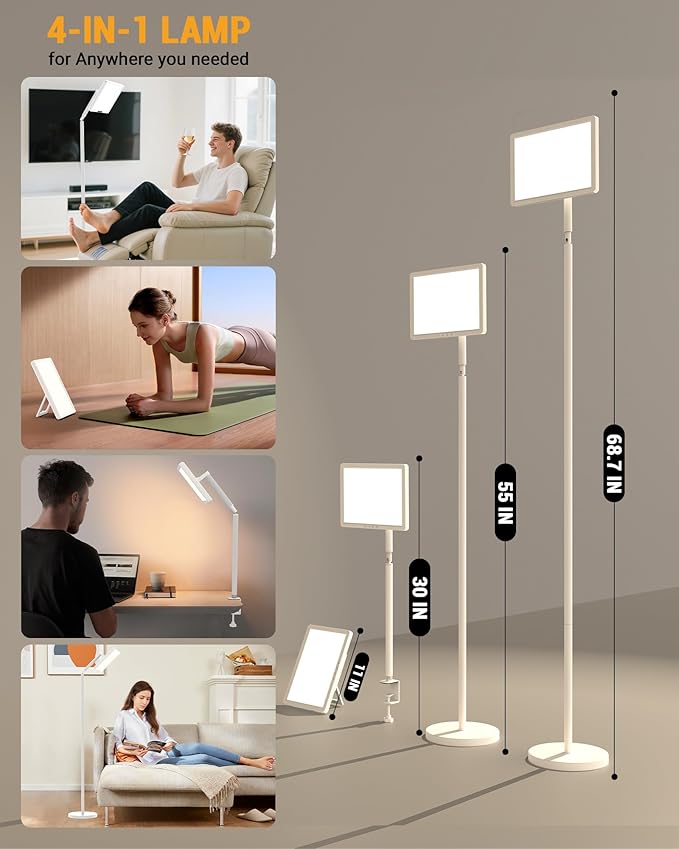 Light Therapy Lamp 12000 Lux UV-Free Full Spectum Floor Therapy Lamps, 4 in 1 LED Sun Lamp, 10 Brightess Levels, 5 Color Modes, Remote&Touch Control, Adjustable Timer/Height/Angle, White