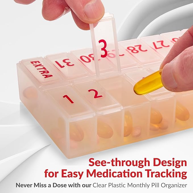 Large Pill Organizer Monthly 32 Compartments - 30 Day Pill Organizer 1 Time A Day, Large Compartment Box for Medications, BPA-Free Plastic, Removable Lid for Easy Loading Medicine, Clear, Case of 50