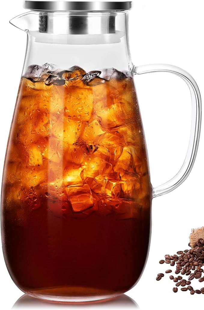 Glass Pitcher, Glass Water Pitcher with Lid and Handle for Fridge, 2 Quart Borosilicate Water Jug for Hot/Cold Drinks, Iced Tea, Juice and Coffee Beverage, Heat Resistant