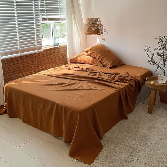 Simple&Opulence Washed Linen Bed Sheet Set Basic Style 4 Pieces (1 Flat Sheet & 1 Fitted Sheet & 2 Pillowcases) 100% Natural French Flax Soft Breathable Farmhouse Bedding (King, Rust)