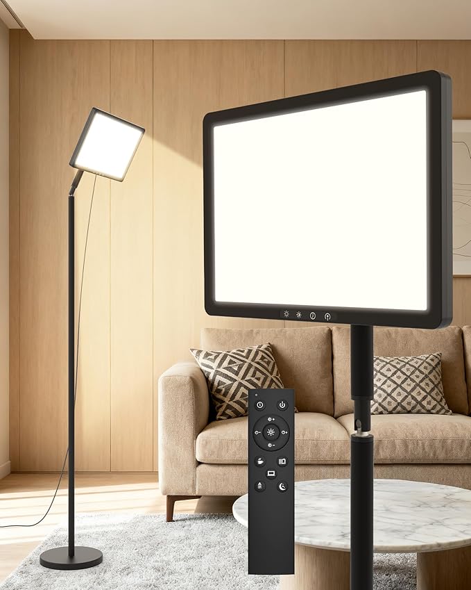 Light Therapy Lamp 12000 Lux UV-Free Full Spectum Floor Therapy Lamps, 4 in 1 LED Sun Lamp, 10 Brightess Levels, 5 Color Modes, Remote&Touch Control, Adjustable Timer/Height/Angle, Black