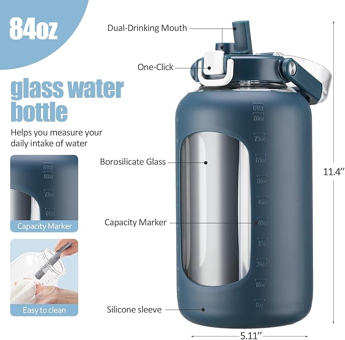 BLUEGO 84oz Glass Water Bottle with Straw and Handle, Large Water Bottle with Sip & Chug Lid, 2.5L Water Jug Silicone Sleeve with Time, Full Day Drinking Bottle for Sports BPA Free, Dark Blue