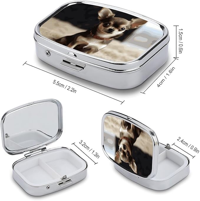 Cute Chihuahua Square Pill Box Travel Portable Pill Case 2 Compartment Medicine Metal Tablet Vitamin Holder Organizer for Purse Pocket