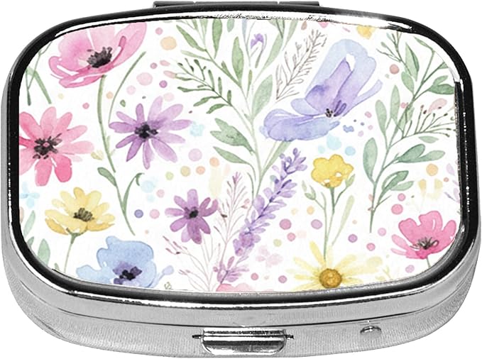Square Pill Case Small Pill Box with Mirror Pocket 2 Compartment Vitamin Pill Medicine Case Organizer Pill Containers for Traveling Oil-Painted Wildflowers Two