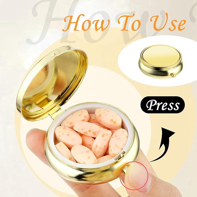 Sibba Portable Medicine Pill Case, Travel Multi-Functional Moisture Proof Pill Box for Purse & Pocket, Cute Metal Medicine Pill Organizer Box for Vitamins, Fish Oil & Supplements (Gold)