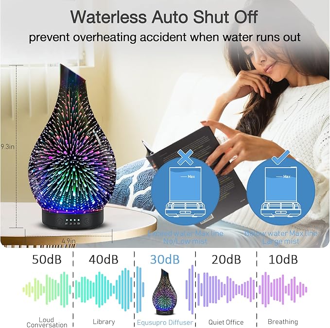 Essential Oil Diffuser Aromatherapy Diffuser - Art Glass Oil Diffuser with Auto Shut-Off Protection 4 Timer Setting 7 Colors Changed LED Night Light for Home Office Decor Gift (3D Fireworks)