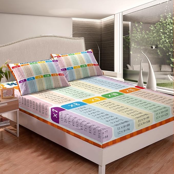 Multiplication Bed Sheet Set Twin, Math Games Fitted Sheet for Kids Educational Bedding Set Learning Time Bed Cover Lightweight Bed Set (No Flat Sheet)