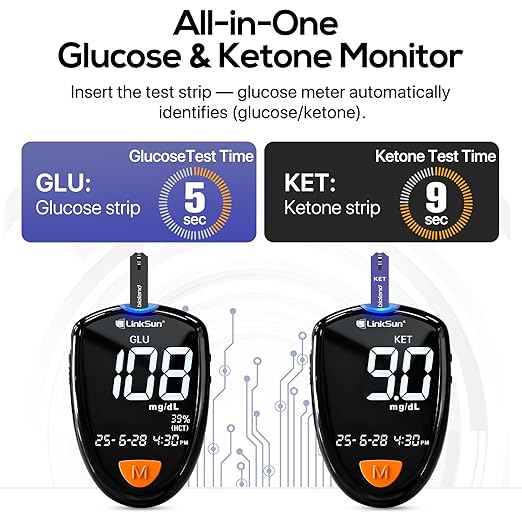 M26-K Blood Glucose & Ketone Testing Kit, 35 Safety Lancets, 25 Glucose Strips, 10 Ketone Strips, Travel Case, Glucose Control Solution, 2-IN-1 Glucose Ketone Meter, Home Use, No Coding, Large Display