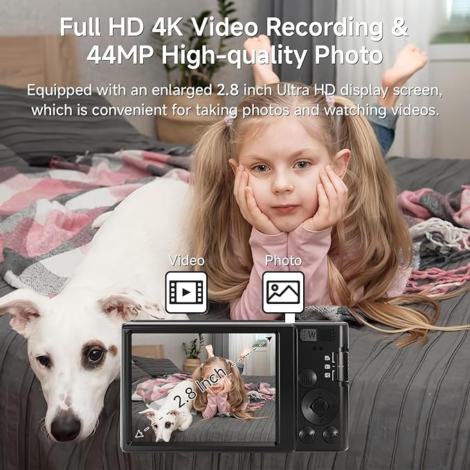Digital Camera 4K, 2026 Upgrade Black Cameras for Teens, Autofocus Digital Point and Shoot Camera for Kids with 16X Zoom, 64GB SD Card, Compact Small Camera for Boys Girls Teens Kids Gift