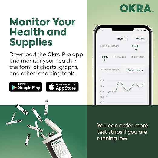 OKRA PRO Blood Sugar Monitor Kit – 5s Fast Glucose Results, No Coding, Strip Ejection, App for Tracking, 25 Test Strips, Home Diabetes Testing