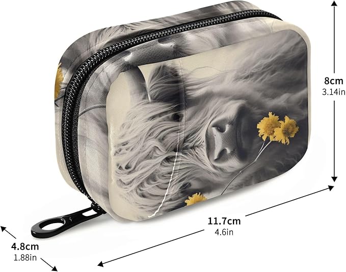 Highland Cow with Flower Pill Organizer Weekly Vitamin Case Bag with Zipper Portable Supplement Holder