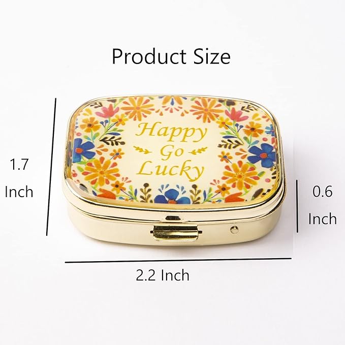 AmyZone Metal Pill Organizer Travel Friendly Portable Compact Pill Box Cute Pill Case to Hold Vitamins/Tylenol/Fish Oil/Supplements/Meds/Tablet for Purse/Pocket(Happy Go Lucky)