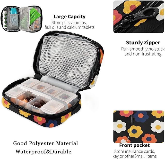 Fustylead Groovy Trendy Boho Retro Cute Flower Pill Organizers 2 Times A Day Pill Case Bag with Zipper Portable Weekly Pill Dispensers for Vitamin Supplement