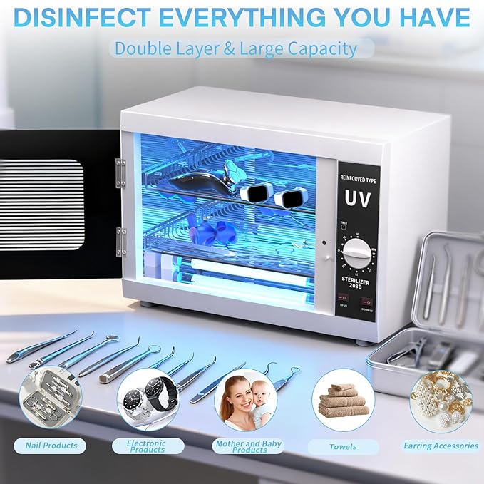 12L Nail Tools Cleaning Machine, Professional Dual Lamps System Cabinet with Digital Timer for Salon, Spa, Beauty, Barber & Home Metal Tools