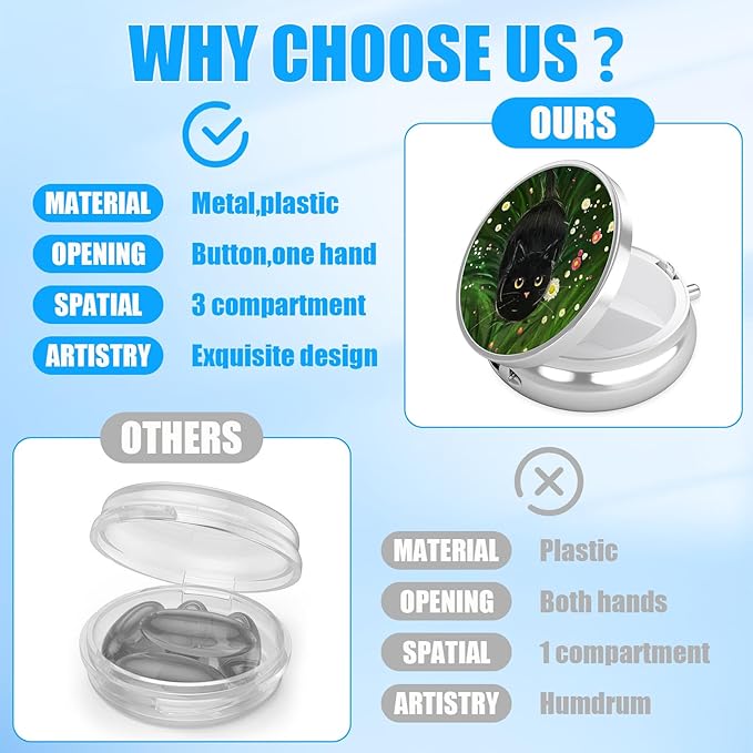 Blact Cat Flower Pill Case, Pill Box 3 Compartments Metal Small Pill Holder with Mirror Mini Travel Pill Container for Purse Pocket Women Men