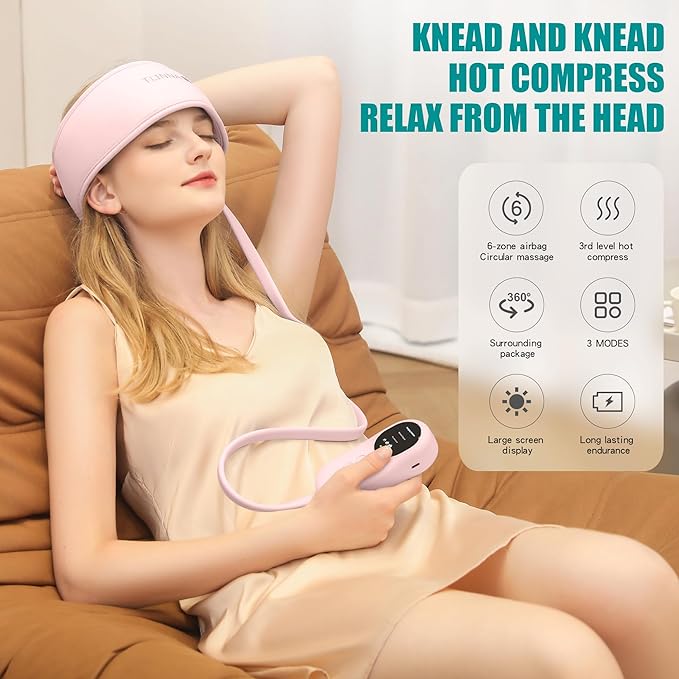 Head Massager,Scalp Massager,Relief Headaches,Fatigue,Stress,Sleep aid,Hangover with Airbag Kneading,Constant Temperature Hot Compress for Head (Pink)