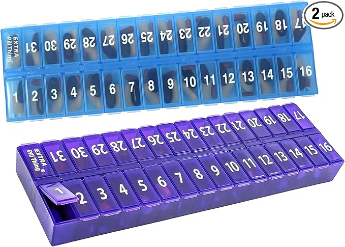 AM/PM 31 Day Once-a Day Monthly Pill Planner Organizers - Large Compartment Pill Boxes Store Medications for Entire Month Plus Compartment for Extra Pills (AM/PM Blue & Purple)
