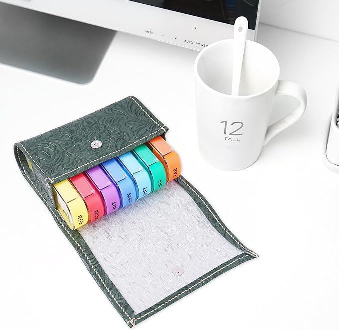 Pill Organizer,LIZIMANDU Weekly Travel Pill Case Box Medication Reminder Daily AM PM, Day Night 7 Compartments,for 4 Times A Day, 7 Days a Week-Includes Leather PU Carrying Case(1-Carved Green3)