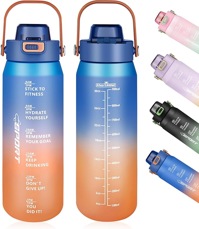Motivational Water Bottle 32oz with Time Marker- Leakproof & BPA Free Sports Water Bottle with Straw & Carry Strap for Gym, Travel and Outdoor Sports (Blue/Orange Gradient)
