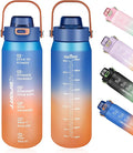 Motivational Water Bottle 32oz with Time Marker- Leakproof & BPA Free Sports Water Bottle with Straw & Carry Strap for Gym, Travel and Outdoor Sports (Blue/Orange Gradient)