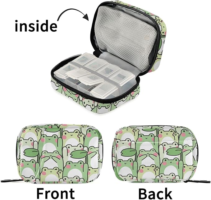 Fustylead Cute Frog in Various Poses Pill Organizer and Storage Weekly with Zipper, Removable Pill Box Portable Medicine Organizer for Vitamin Fish Oil Supplement